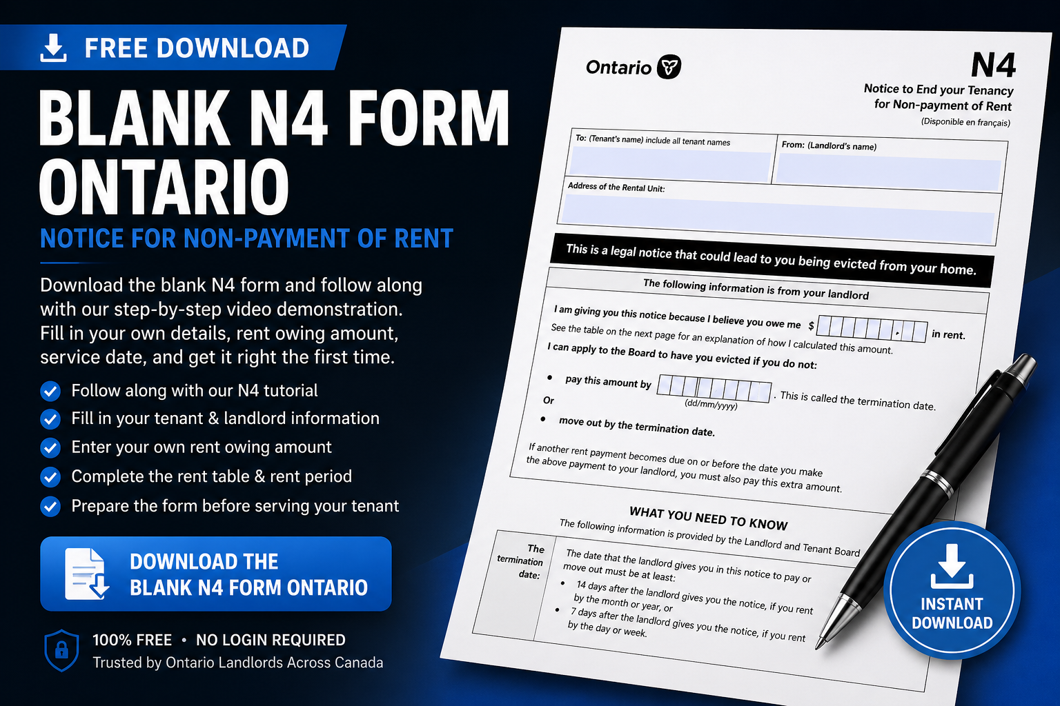 Download blank N4 form Ontario for non-payment of rent landlords